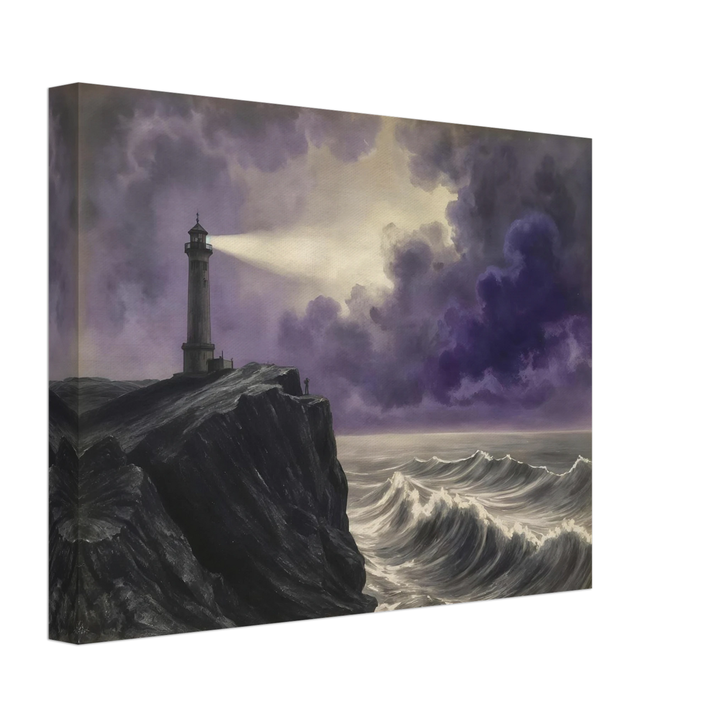 A solitary lighthouse casts its beam through storm-darkened violet clouds above crashing ocean waves against a rugged cliff.