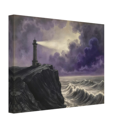 A solitary lighthouse casts its beam through storm-darkened violet clouds above crashing ocean waves against a rugged cliff.