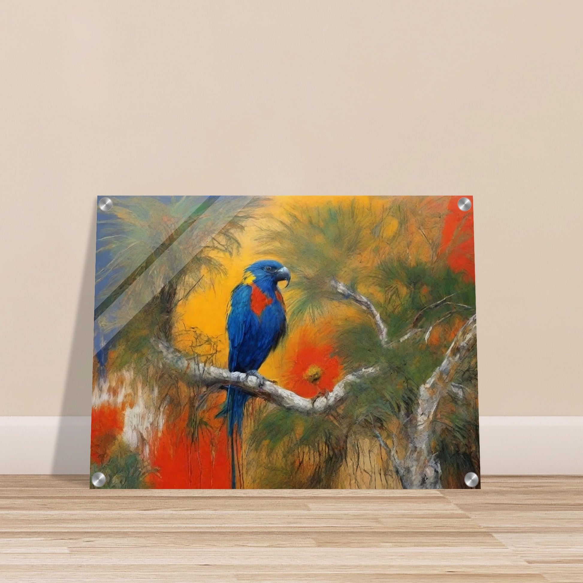 "A vibrant painting of a parrot with blue, red, and yellow feathers perched on a branch, set against a lush, tropical backdrop with rich orange and green hues."