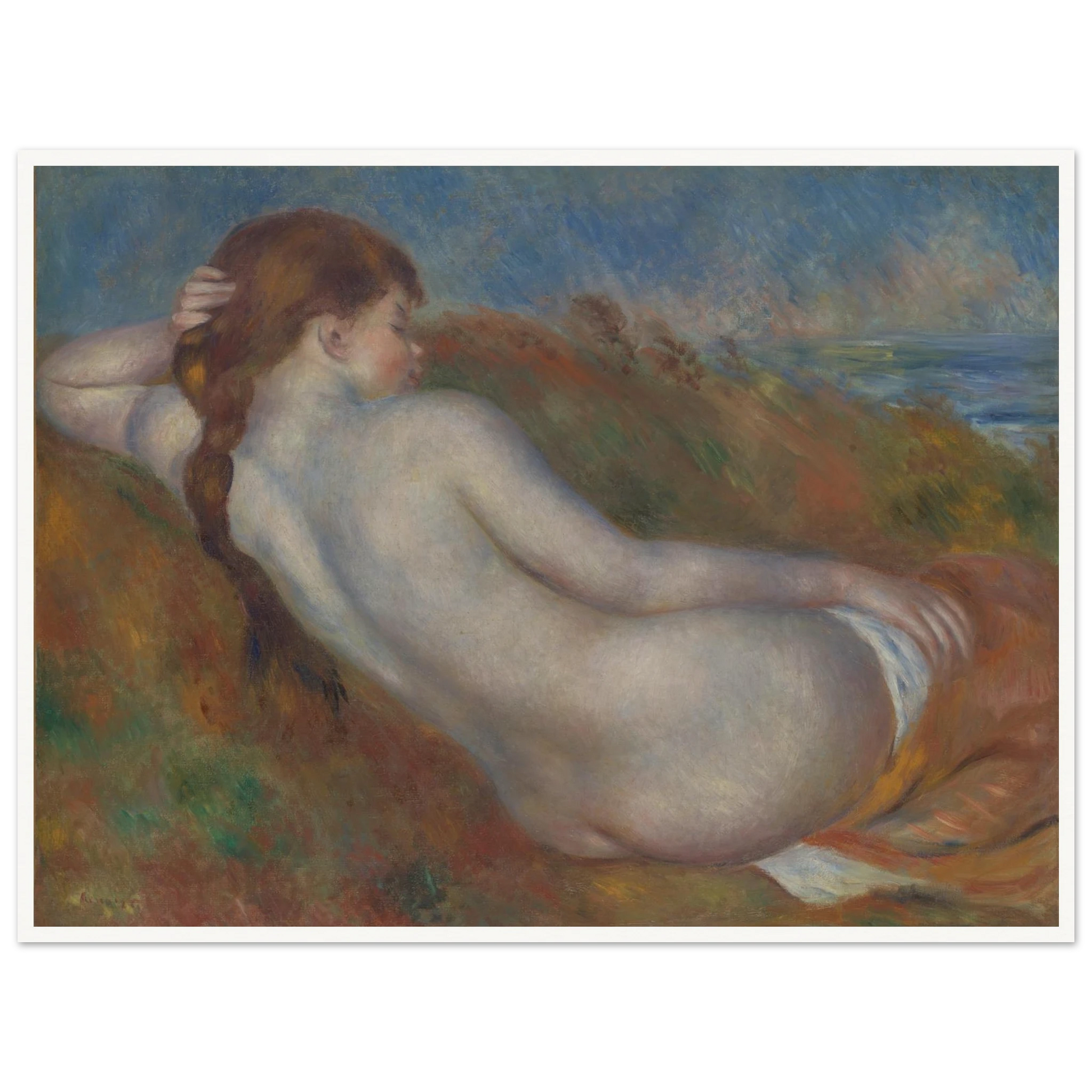 Reclining nude figure with braided hair rests in a soft landscape near the sea