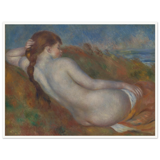 Reclining nude figure with braided hair rests in a soft landscape near the sea
