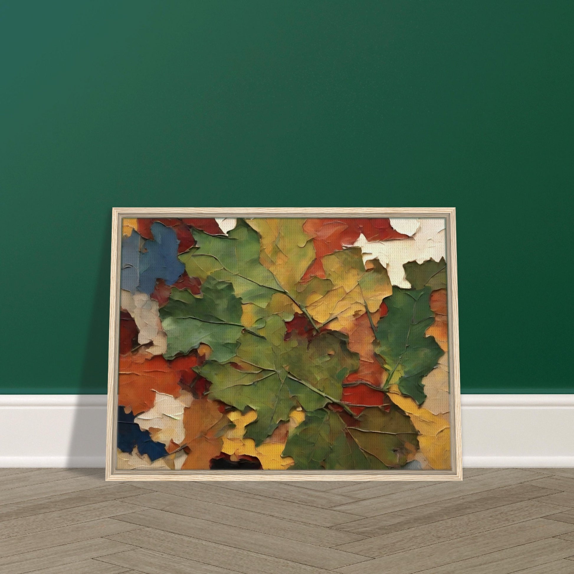 A textured painting of autumn leaves in vibrant shades of green, yellow, red, and orange, arranged in a layered, dynamic composition.