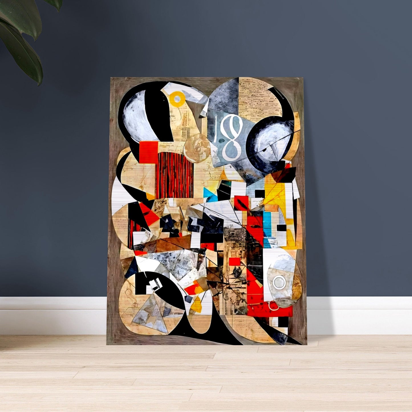 A dynamic collage of abstract shapes, colors, and textures, combining bold reds, yellows, and blues with geometric patterns and vintage elements to evoke a sense of fragmented reality.