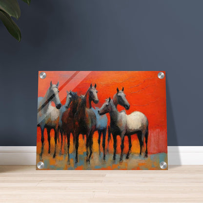 A stunning painting of a group of horses standing together against a vibrant red-orange background, showcasing their grace and strength.