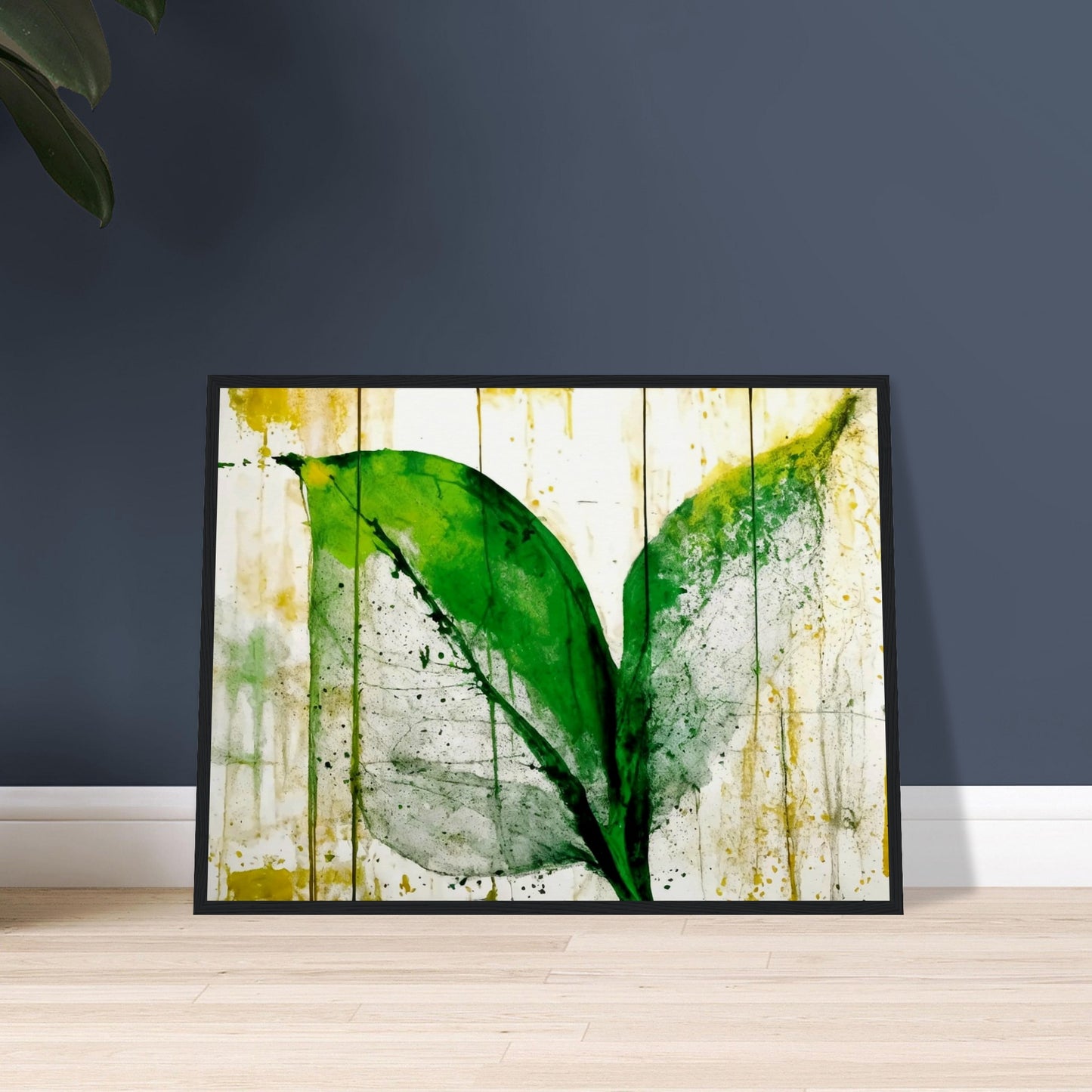 A vibrant green leaf with abstract textures and splashes of yellow on a white background, evoking a fresh and organic feel with artistic brushstrokes.