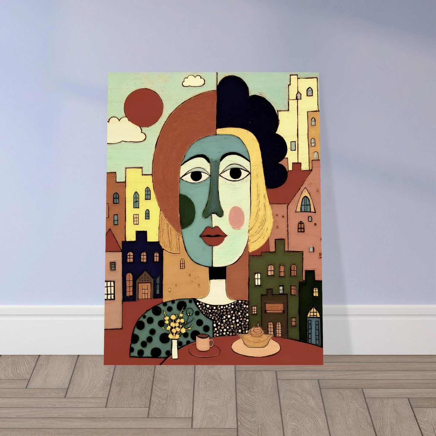 A cubist portrait of a woman at a café table with coffee and pastry, set against a pastel-colored cityscape and warm red sun.