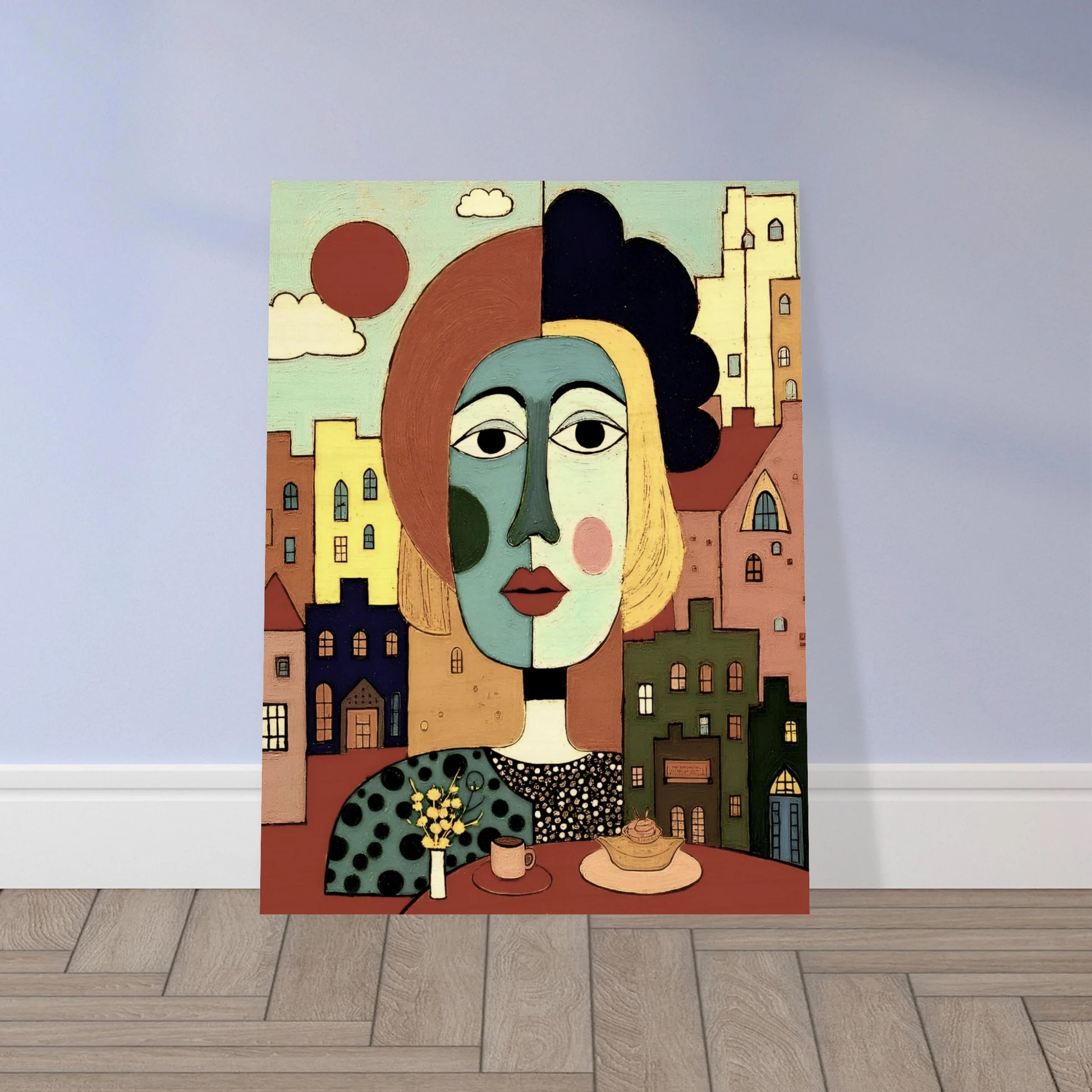 A cubist portrait of a woman at a café table with coffee and pastry, set against a pastel-colored cityscape and warm red sun.