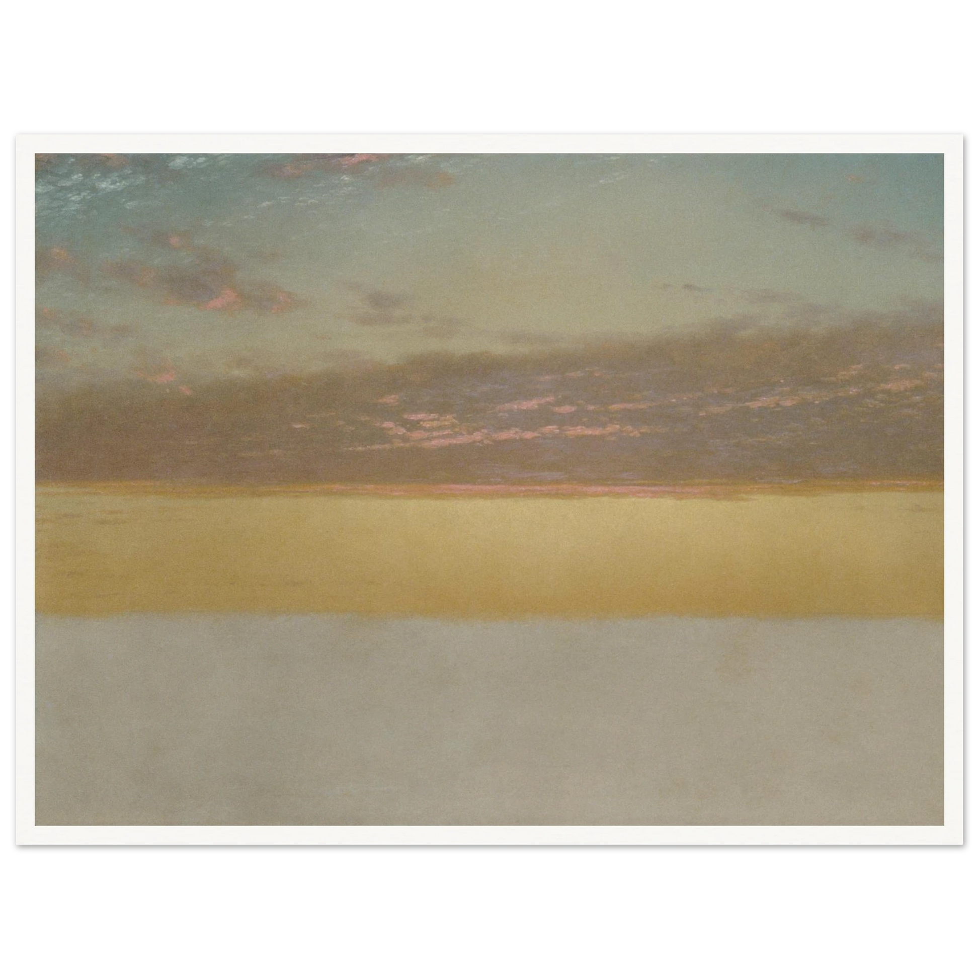 Soft sunset over calm sea with yellow horizon, blue sky, and pink clouds