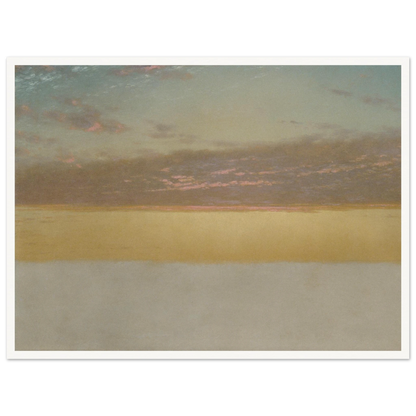 Soft sunset over calm sea with yellow horizon, blue sky, and pink clouds