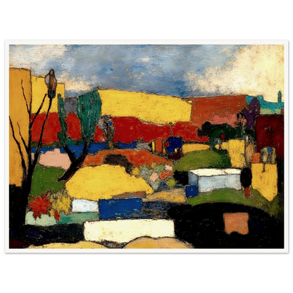 Colorful village nestled among rolling hills with bright rooftops, trees, and fields beneath a textured blue sky.