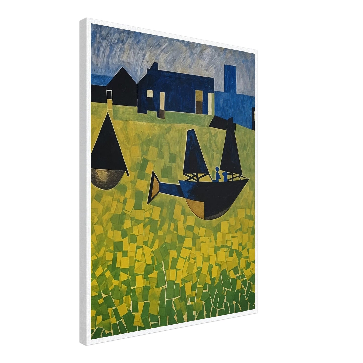 A vibrant abstract painting featuring stylized boats with dark sails floating on a sea of yellow and green geometric patterns, set against a backdrop of blue houses and a tower under a textured sky.