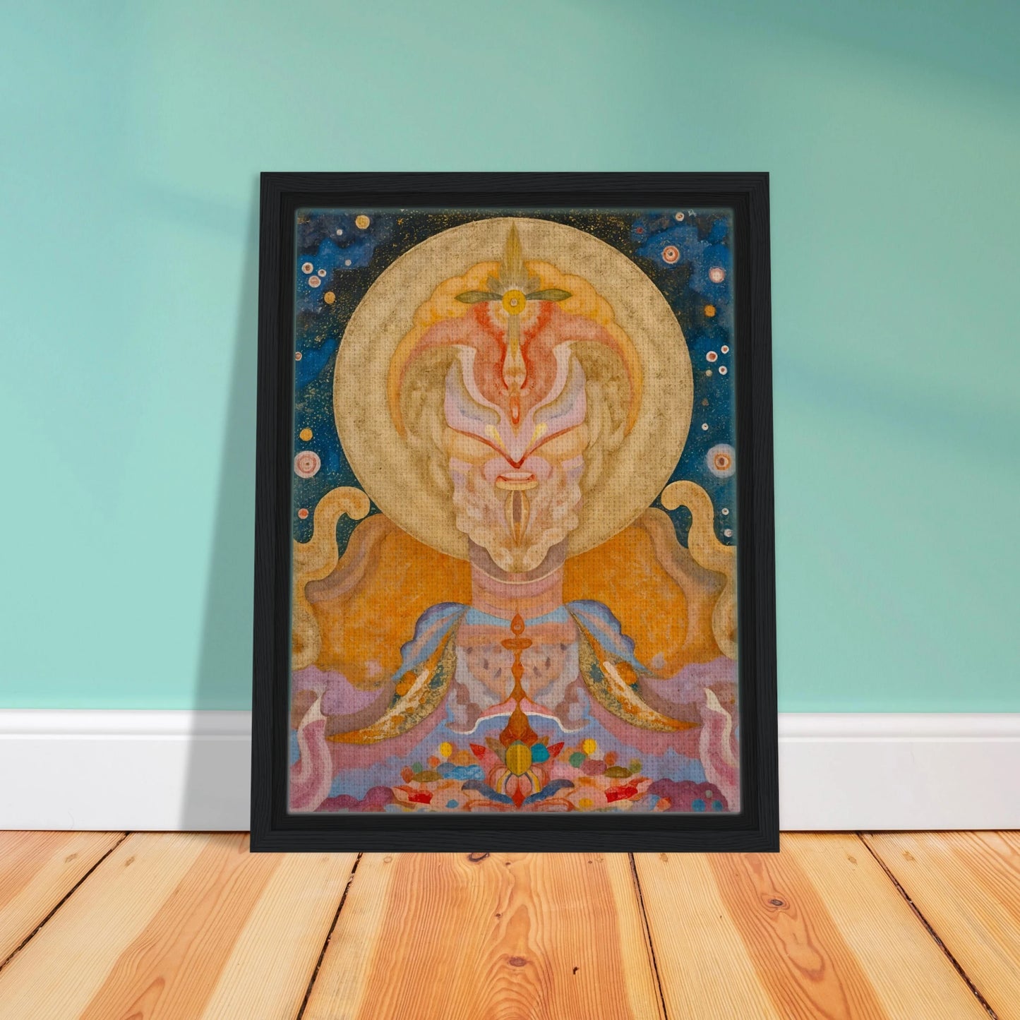 Ornate celestial figure with golden halo, starry blue sky, pastel robes, and floral forms.