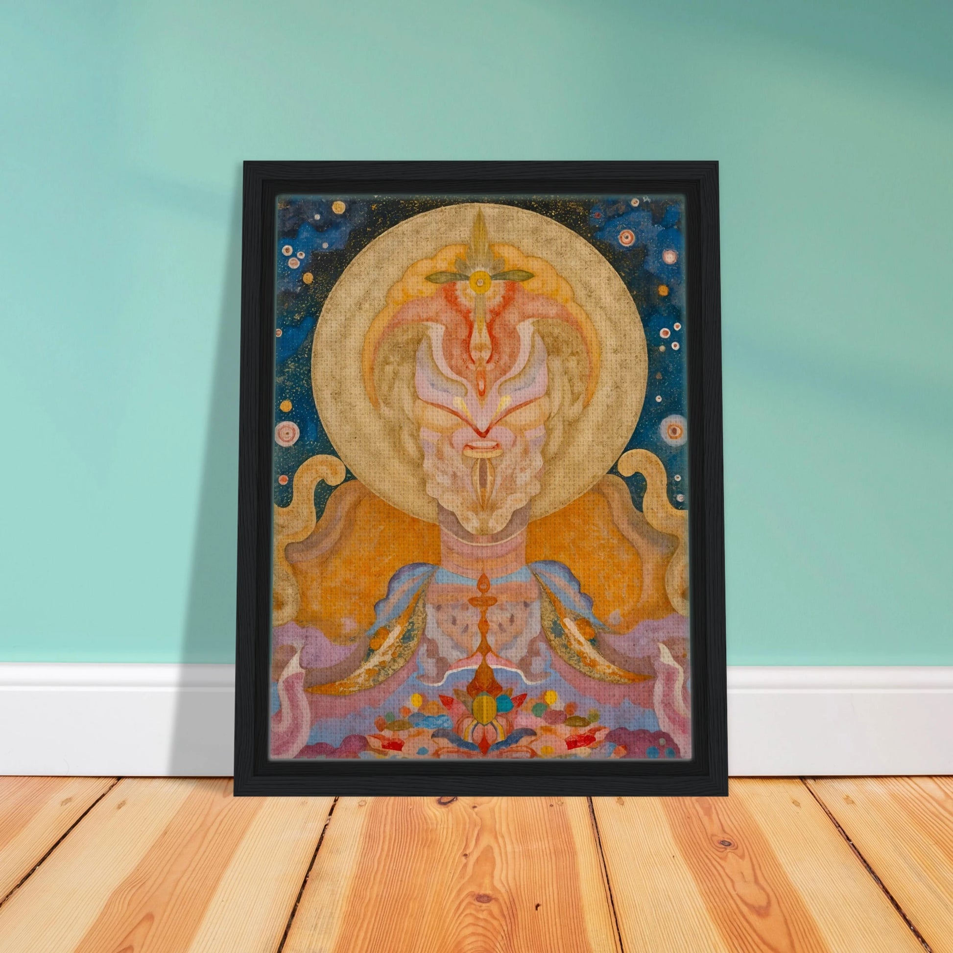 Ornate celestial figure with golden halo, starry blue sky, pastel robes, and floral forms.