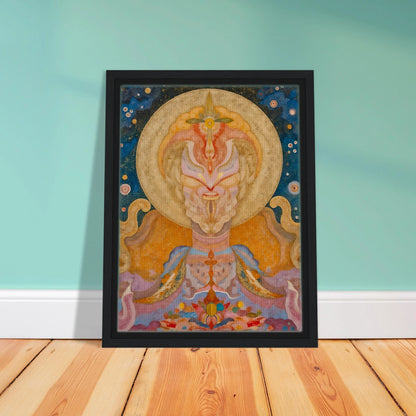 Ornate celestial figure with golden halo, starry blue sky, pastel robes, and floral forms.