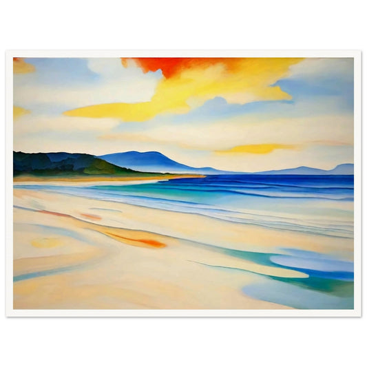 "A serene coastal painting featuring a sandy beach with soft waves, distant mountains, and a sky filled with warm hues of yellow and orange."