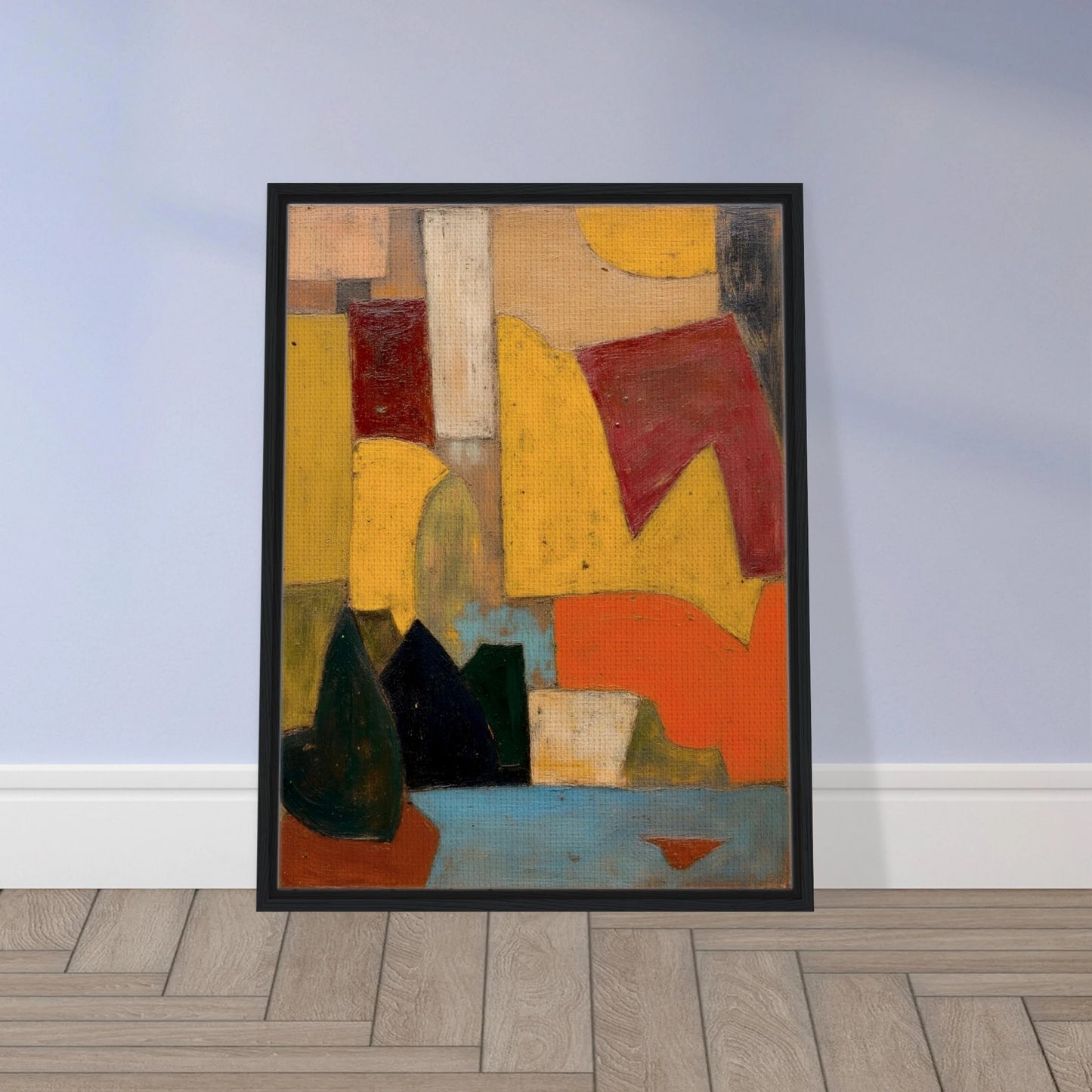 Warm yellow, red, and orange forms sit above a soft blue base with dark rounded shapes.