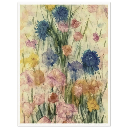 A delicate watercolor painting of blooming flowers in soft pastel shades of pink, blue, and yellow, capturing the gentle essence of a spring garden in full bloom.