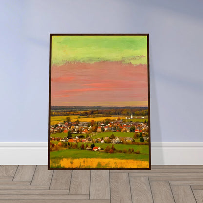 Sunset-lit village landscape with vivid pink, green, and yellow skies over fields and houses.
