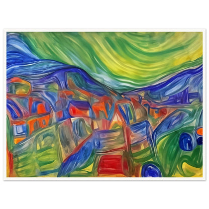 A swirling, colorful landscape with vibrant hues of green, blue, red, and yellow, evoking a dreamlike view of rolling hills and valleys.