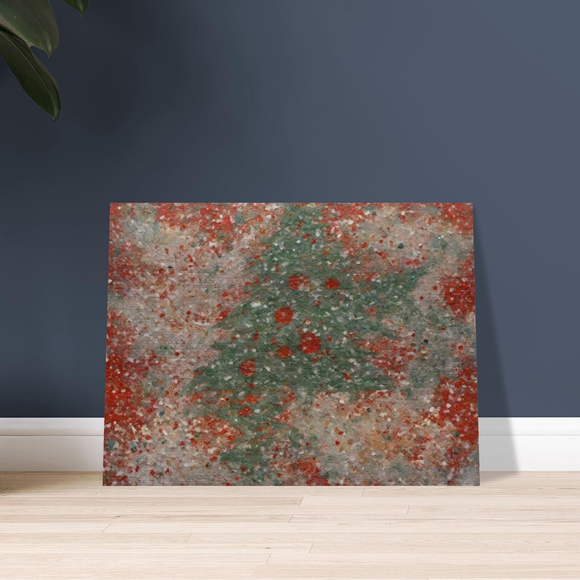 A textured artwork featuring a subtle Christmas tree shape in green, surrounded by red and white festive hues, creating a wintery charm.