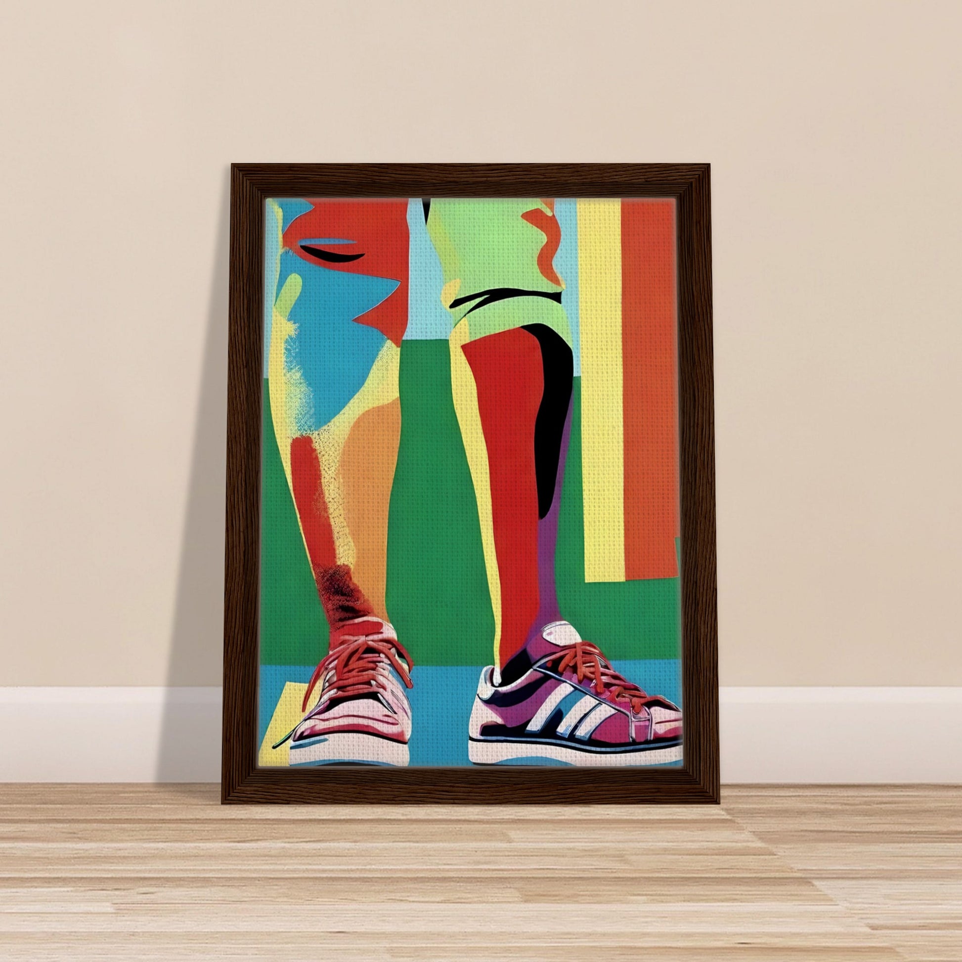 A vibrant painting of legs in colorful pants and bright sneakers, with bold geometric shapes and a playful, modern aesthetic.