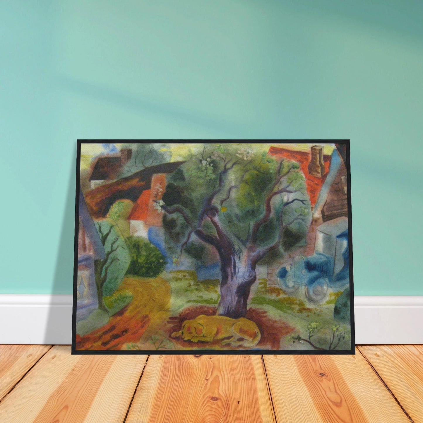 A yellow dog sleeps beneath a twisting tree beside village houses, a winding road, and a blue vintage car.