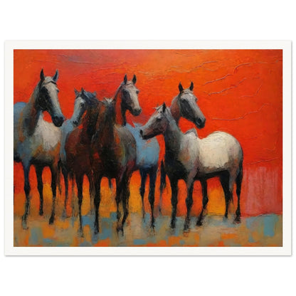 A stunning painting of a group of horses standing together against a vibrant red-orange background, showcasing their grace and strength.