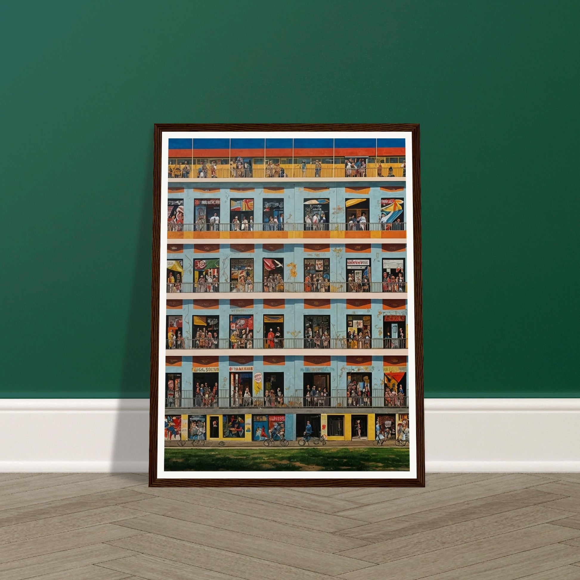 A detailed painting of a multistory building with numerous windows, each depicting different scenes of daily life.