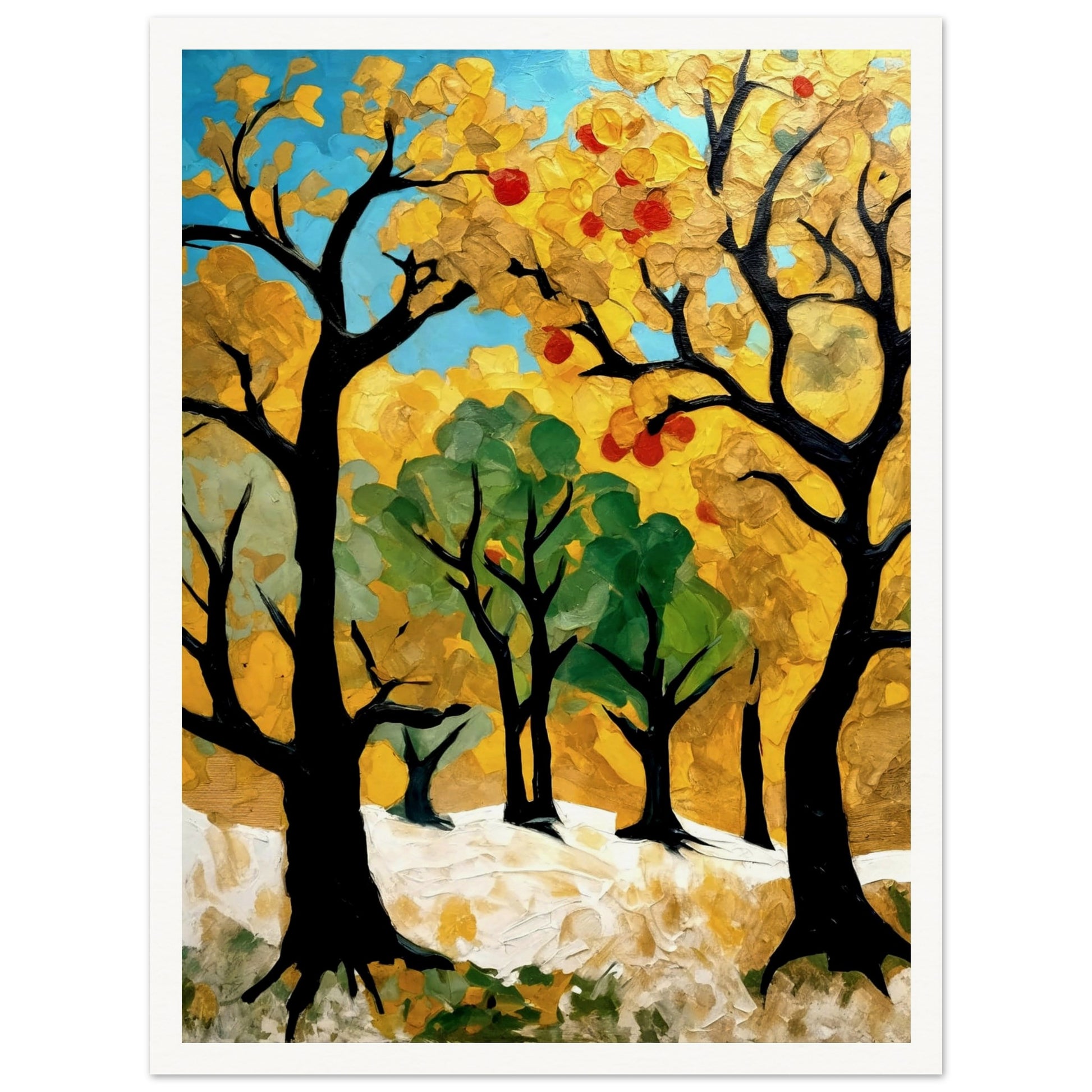 A vibrant painting of golden and green trees with hints of red fruit, capturing the essence of an autumn orchard bathed in sunlight.