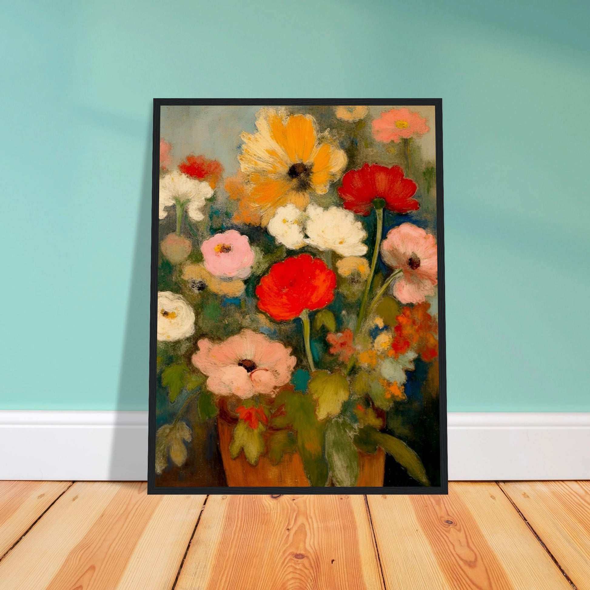 Red, pink, white, and yellow flowers rise from an earthen vase against a soft green-blue background.
