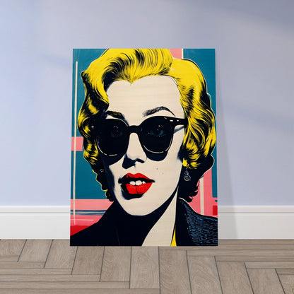 Vibrant pop art-style portrait of a woman with blonde hair, bold red lips, and dark sunglasses against a colorful geometric background.