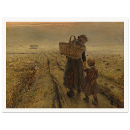 Mother and child walk a misty country path at dusk, with a woven basket and muted earth tones.