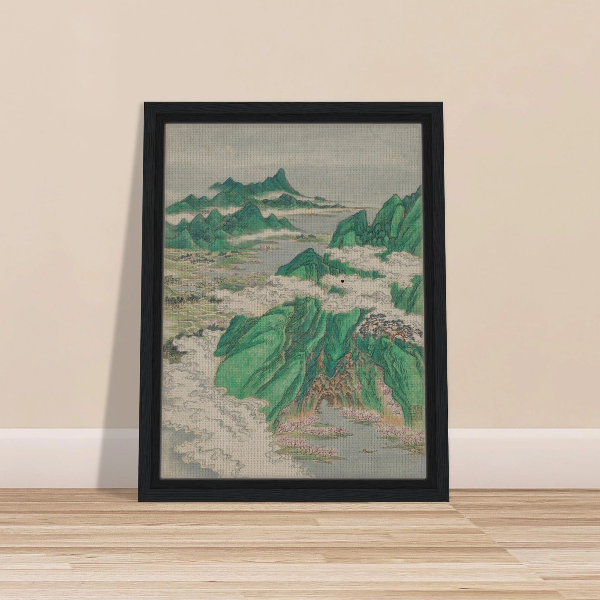 Green mountains rise through curling white clouds above rivers, villages, and pink blossoms in a traditional Chinese landscape.