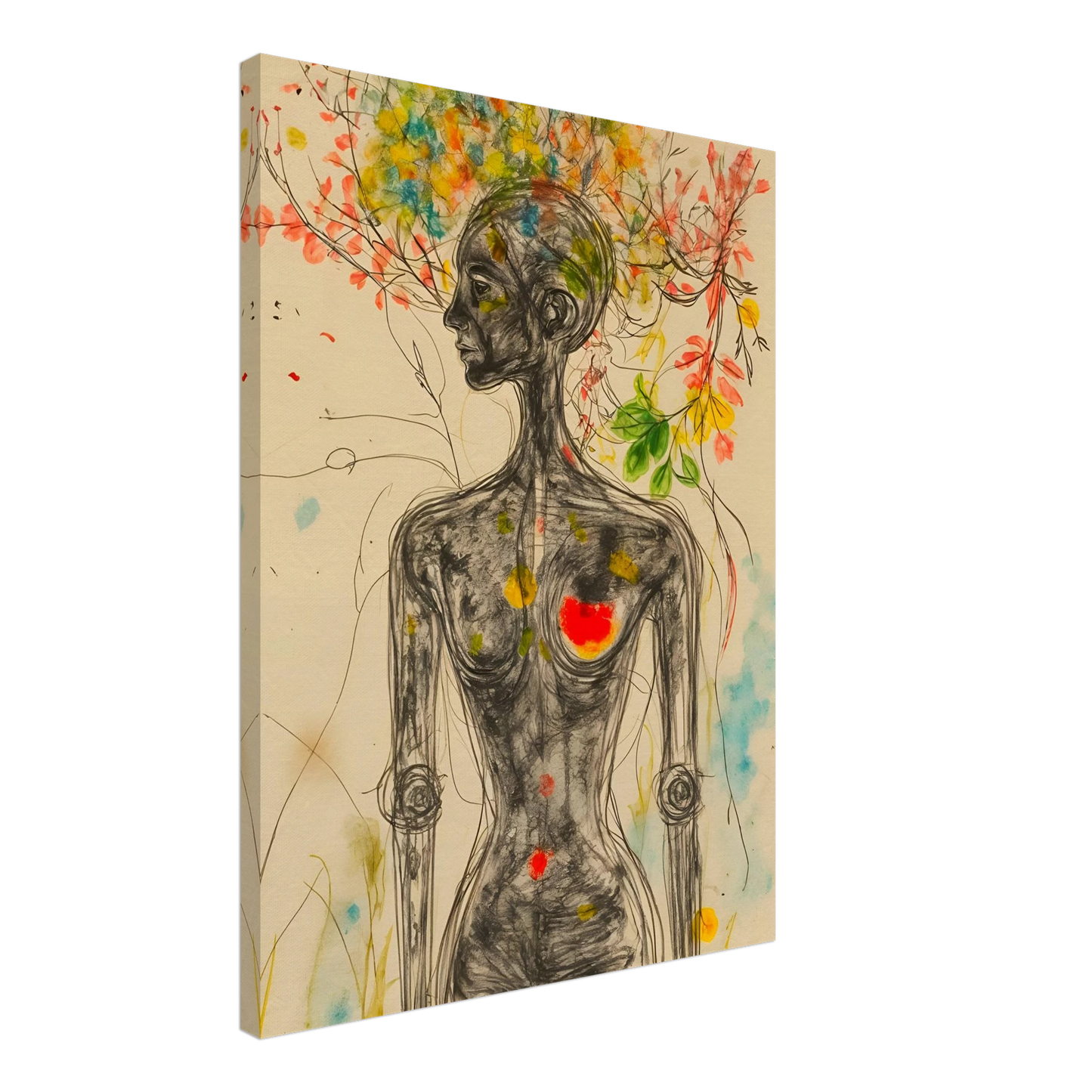 A sketched feminine figure with blooming branches and flowers rising from her head, accented by vivid splashes of color and a glowing heart.