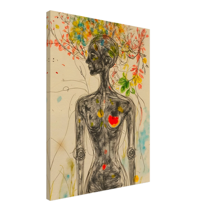 A sketched feminine figure with blooming branches and flowers rising from her head, accented by vivid splashes of color and a glowing heart.