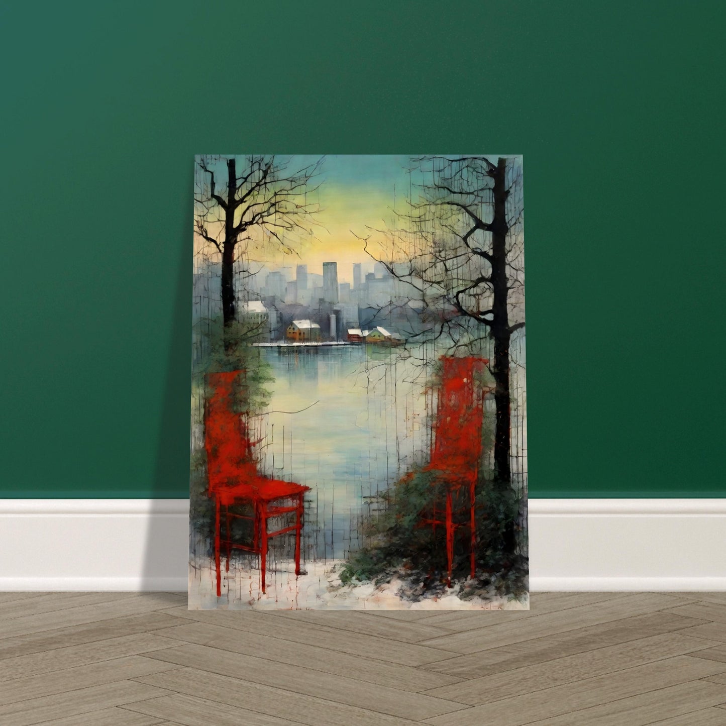 An atmospheric painting featuring two red chairs near a serene lake, framed by bare trees, with a distant city skyline at dusk