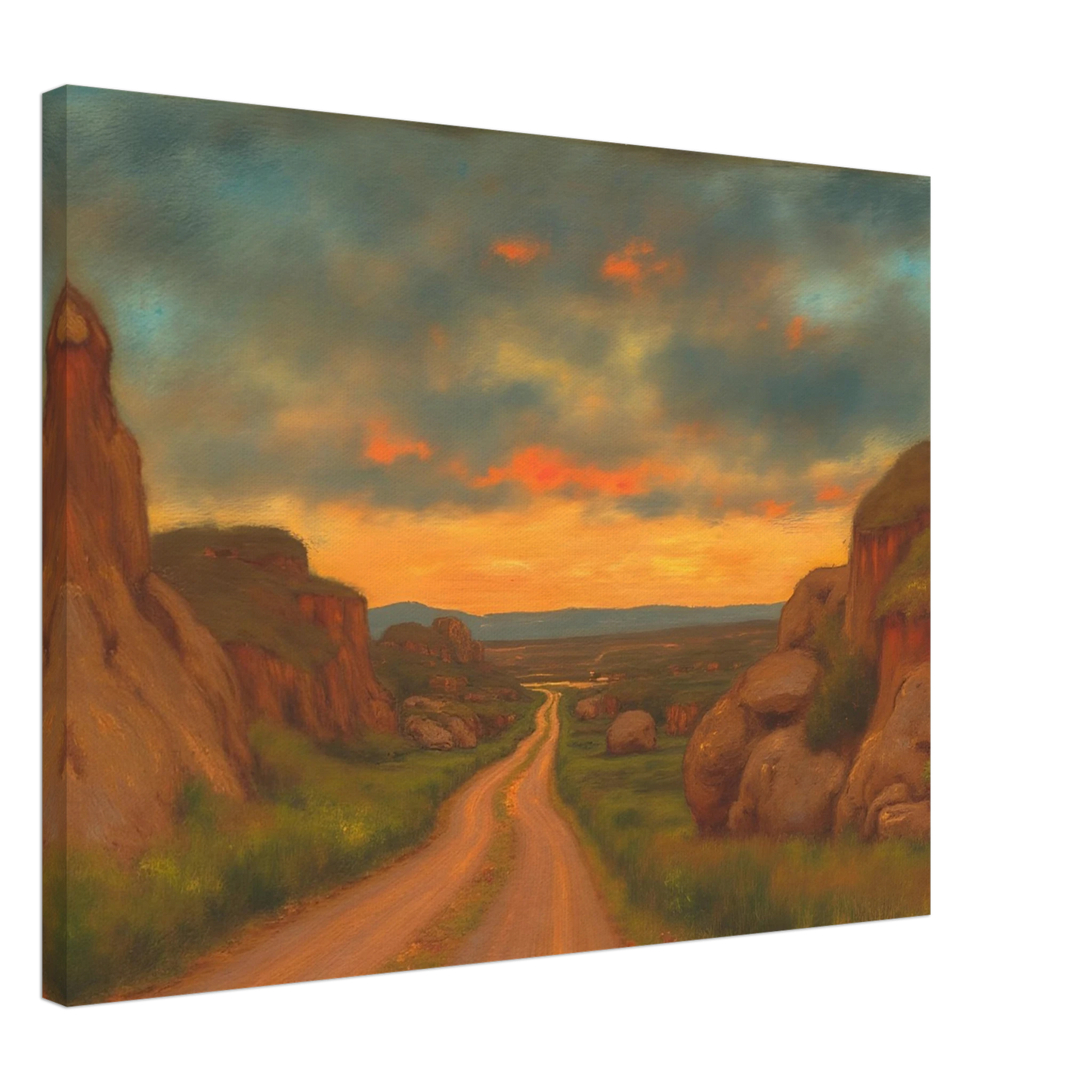 A winding dirt road cuts through rocky hills under a glowing sunset sky, evoking peace, wanderlust, and quiet reflection.
