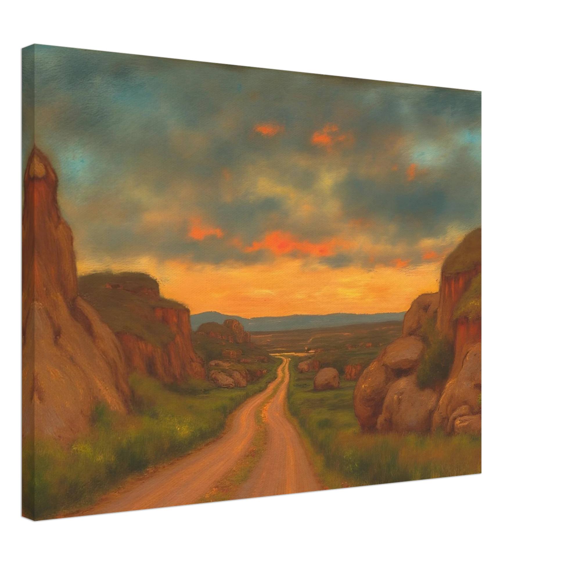 A winding dirt road cuts through rocky hills under a glowing sunset sky, evoking peace, wanderlust, and quiet reflection.