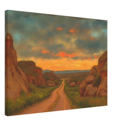 A winding dirt road cuts through rocky hills under a glowing sunset sky, evoking peace, wanderlust, and quiet reflection.
