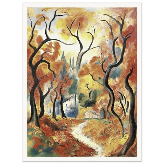 "A vibrant autumn landscape with twisted trees and a winding path leading to a cottage, framed by golden and orange leaves."