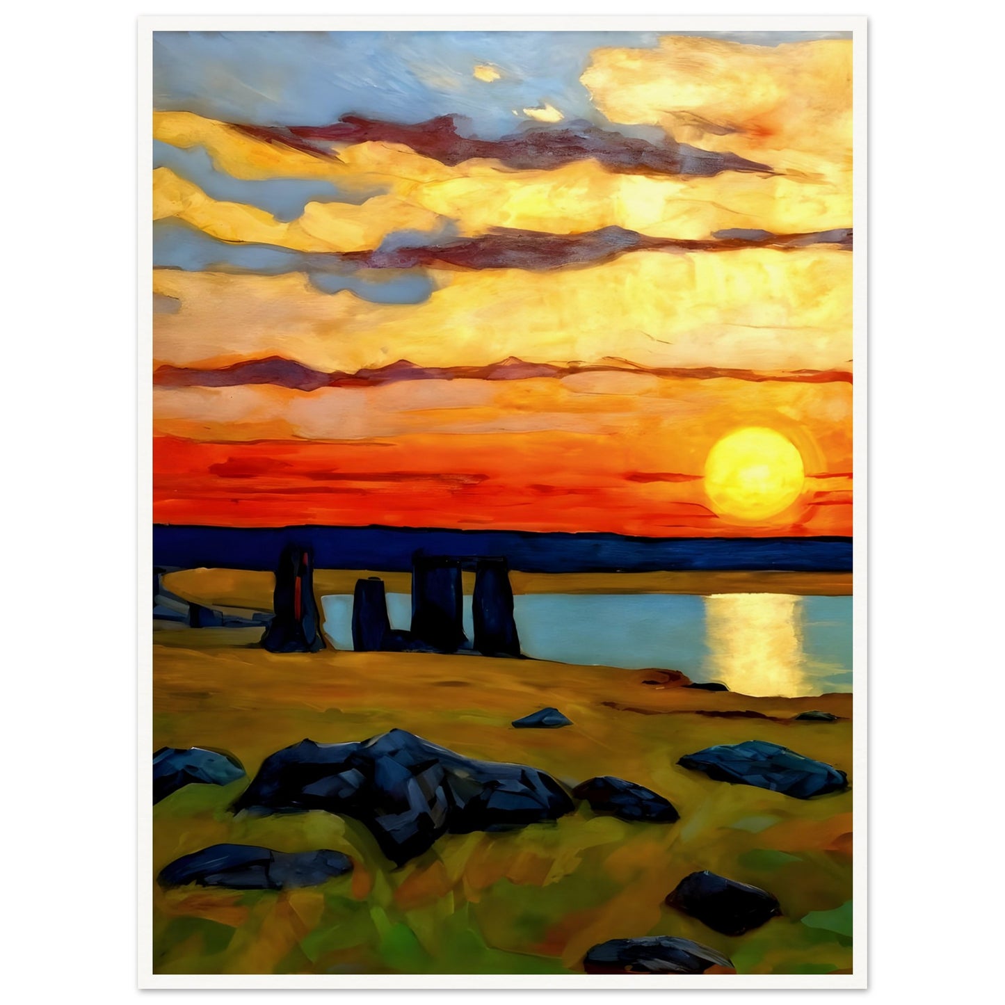 Captivating artwork of a vibrant sunset over a mysterious stone circle, with vivid orange skies and serene reflections on water.