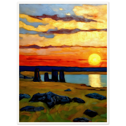 Captivating artwork of a vibrant sunset over a mysterious stone circle, with vivid orange skies and serene reflections on water.