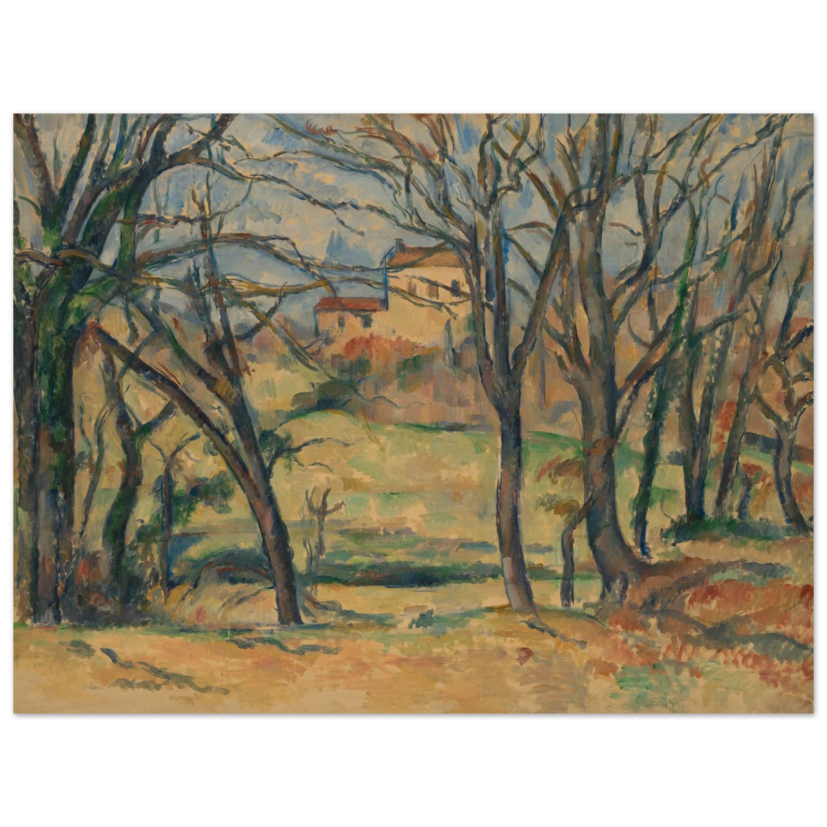 Bare trees frame yellow houses and fields in a softly painted countryside landscape.