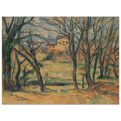Bare trees frame yellow houses and fields in a softly painted countryside landscape.