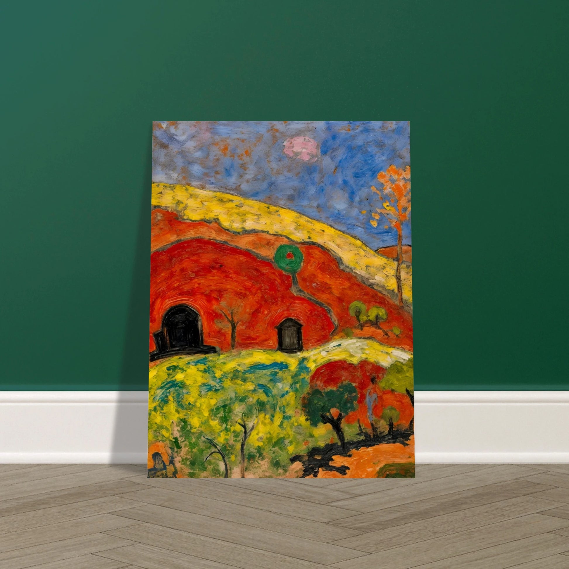 A vibrant expressionist landscape depicting red-orange hills with cave-like dwellings, scattered trees, rolling yellow-green fields, and a deep blue sky illuminated by a pale moon.
