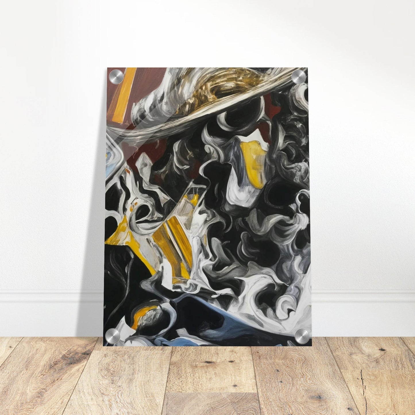 A dynamic composition featuring swirling black, white, and yellow forms that evoke a sense of movement and tension.