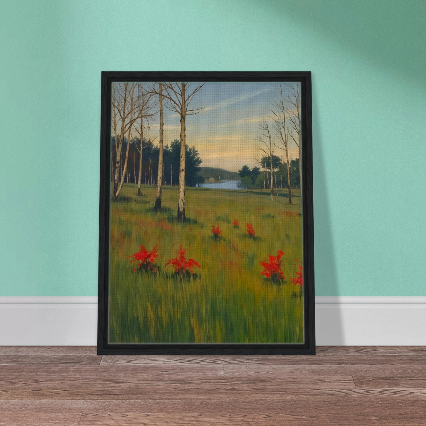 A tranquil meadow with red wildflowers, slender trees, and a calm lake in the distance under a soft pastel sky.