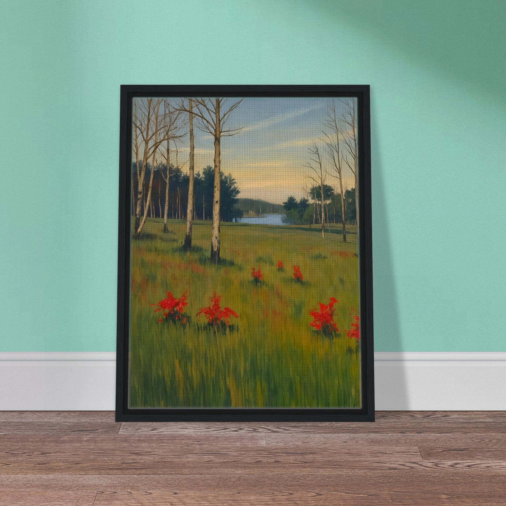A tranquil meadow with red wildflowers, slender trees, and a calm lake in the distance under a soft pastel sky.
