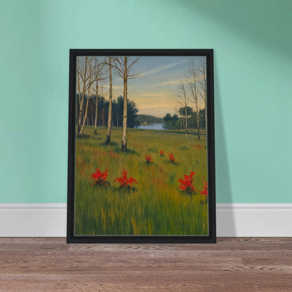 A tranquil meadow with red wildflowers, slender trees, and a calm lake in the distance under a soft pastel sky.