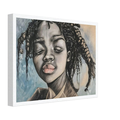 A powerful portrait painting of a young girl with braided hair. The artwork focuses on her expressive face, capturing a moment of contemplation or reflection. The use of monochromatic tones emphasizes the depth and emotion in her features, while subtle hints of color highlight her lips and the background, adding contrast and dimension.